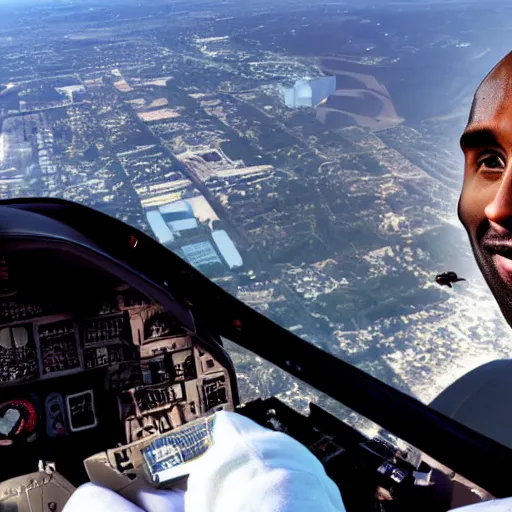 Prompt: A picture of Kobe Bryant sitting in the cockpit of a helicopter holding a rolled marijuana joint, hyper detailed, 8k resolution