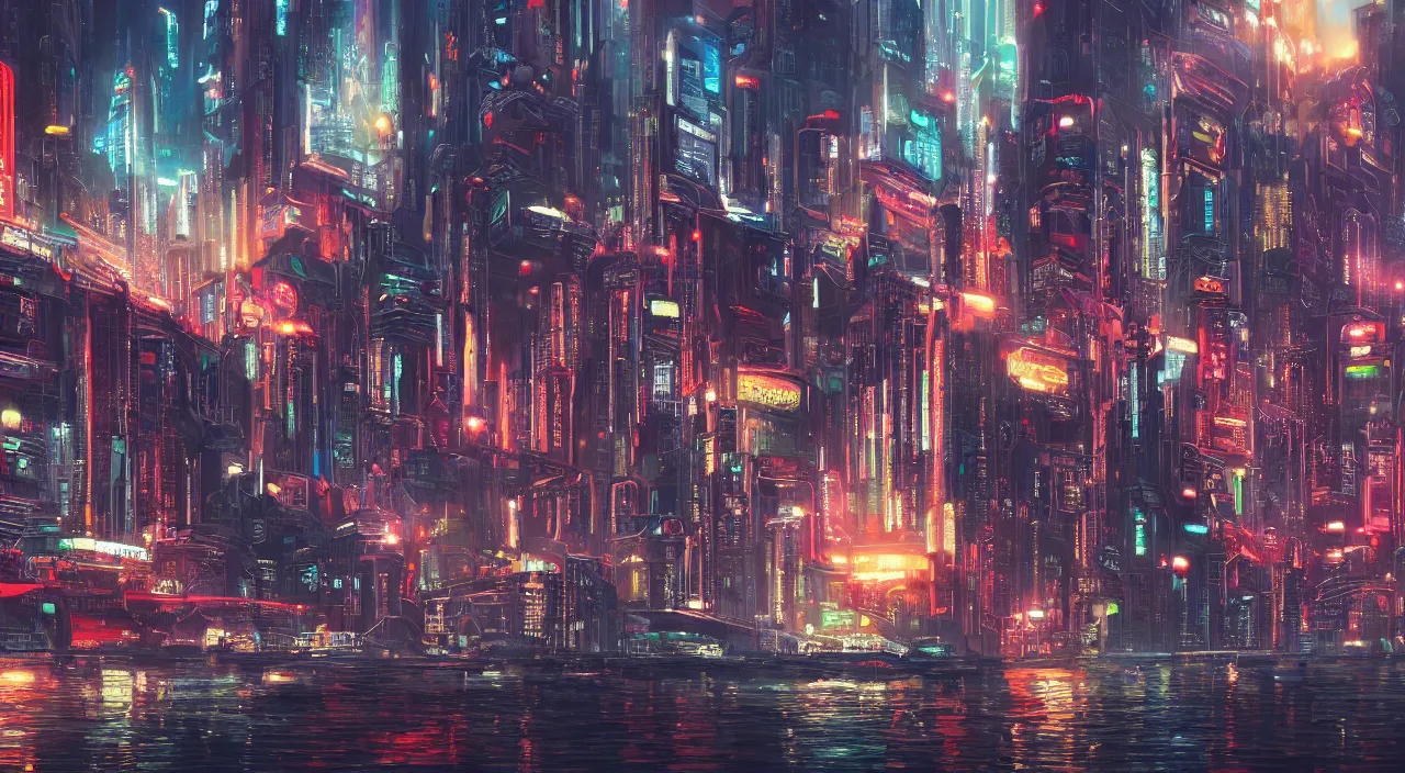 Prompt: a Stunning oil painting of A Great cyberpunk city on the sea by concept art,Retro colour,hyper detailed,4K Resolution