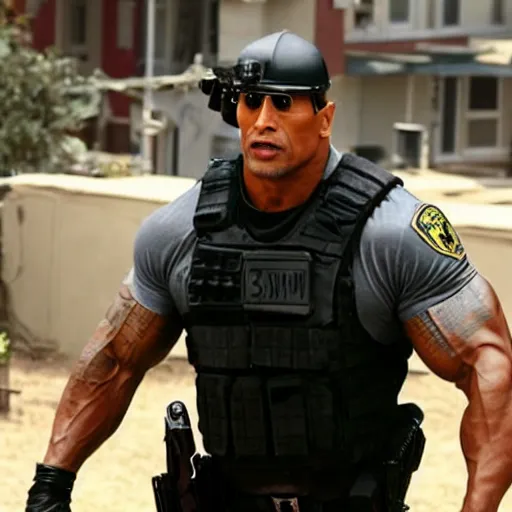 Prompt: a film still Dwayne Johnson as police swat