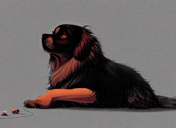 Prompt: a wholesome animation key shot of a black tibetan spaniel, laying down, sad, on a wet tokyo street, studio ghibli, pixar and disney animation, sharp, rendered in unreal engine 5, anime key art by greg rutkowski, bloom, dramatic lighting