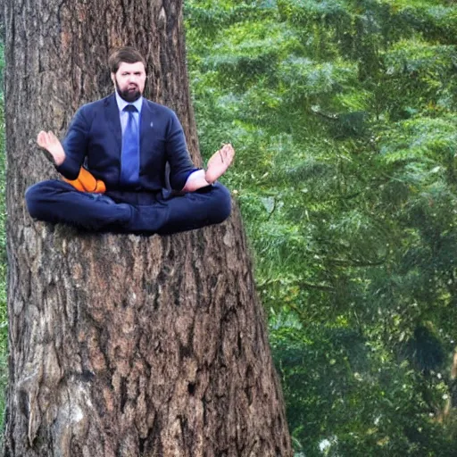 Prompt: president gabriel boric meditating on top of a big tree