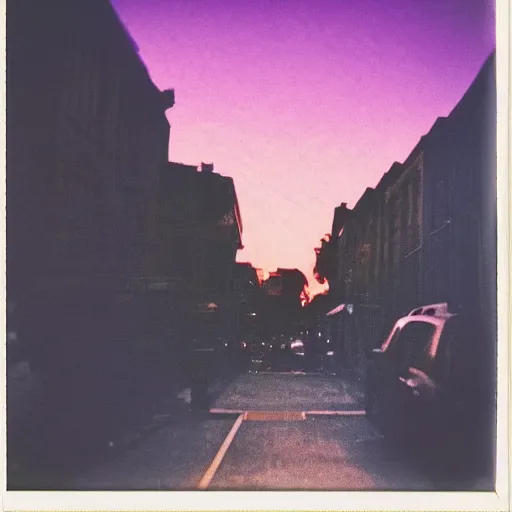 Image similar to low angle wide shot of busy Night Vale street, angels do not exist, sunset, polaroid photo, by Warhol,