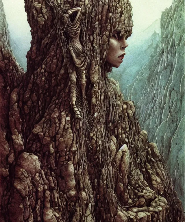 Image similar to a detailed mantiswoman stands among the mountains. wearing a ripped mantle, robe. perfect faces, extremely high details, realistic, fantasy art, solo, masterpiece, art by zdzislaw beksinski, arthur rackham, dariusz zawadzki