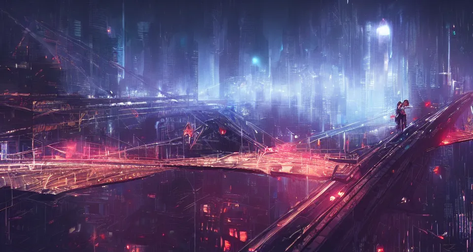 Image similar to Walking on a bridge over fantasy night city lights, volumetric lighting, 4k, octane, digital painting, artstation, sharp focus, illustration