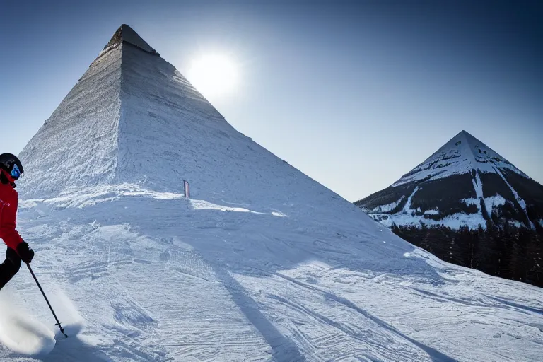 Prompt: A skier skiing down a snowy pyramid, dynamic sport shot, award winning photo, 8K