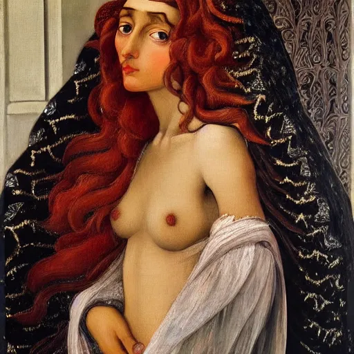 Image similar to oil painting of princess Vulvine, Hungarian, curly dark hair, fair skin, funeral veil, dark ominous by Georgia o Keeffe, by Marcel Jankowicz, by Botticelli, by Gustave Moreau, concept art, master