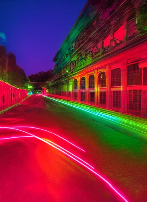 Image similar to Neon night, red lights of the car motion blur, oak alley