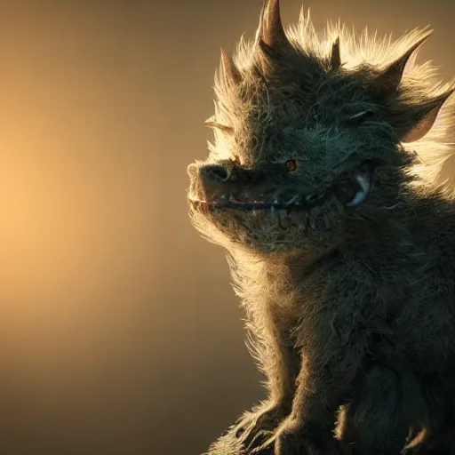 Image similar to full body pose, hyperrealistic photograph of a cute fuzzy goblin monster, dim volumetric lighting, 8 k, octane beautifully detailed render, extremely hyper detailed, intricate, epic composition, cinematic lighting, masterpiece, trending on artstation, very very detailed, stunning, hdr, smooth, sharp focus, high resolution, award, winning photo, dslr, 5 0 mm