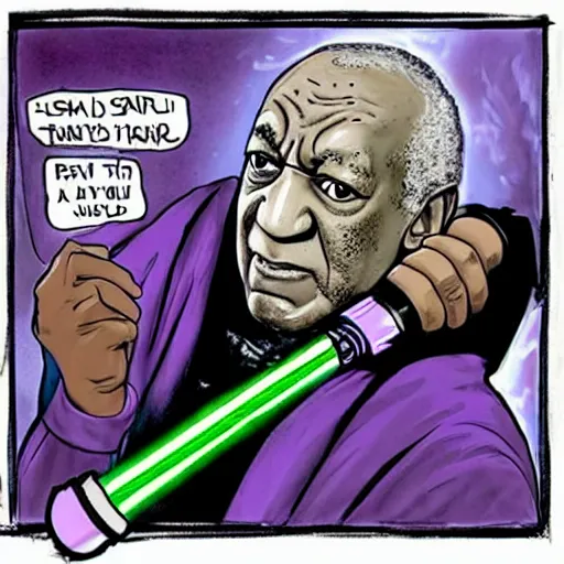 Image similar to Bill Cosby as a jedi with a purple light saber