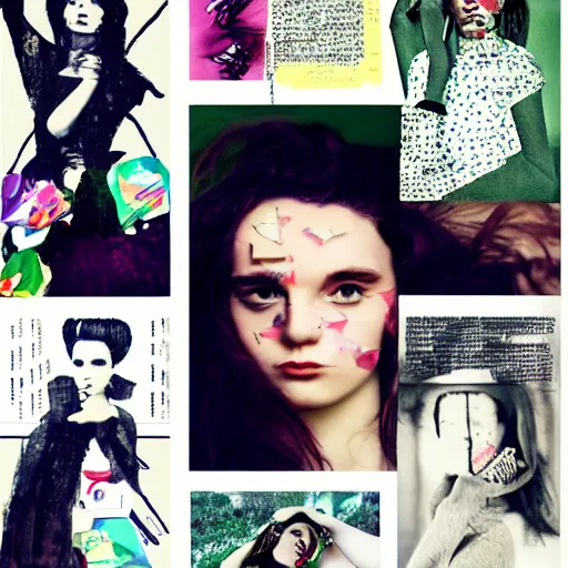 Prompt: a beautiful aesthetic!!! collage! portrait of a depressed girl, made in a magazine clipping collage style, clippings of a fashion magazine, made by a depressed art student