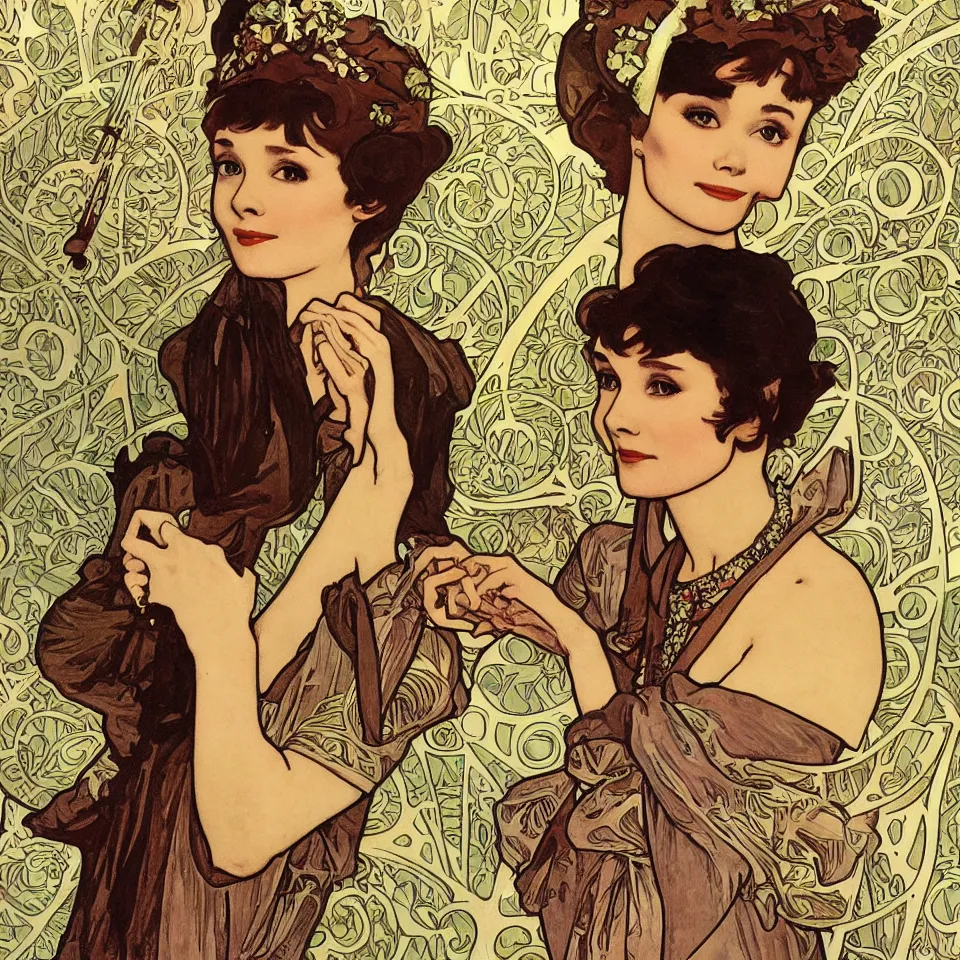 Image similar to audrey hepburn in breakfast at tiffany's by alphonse mucha, art nouveau