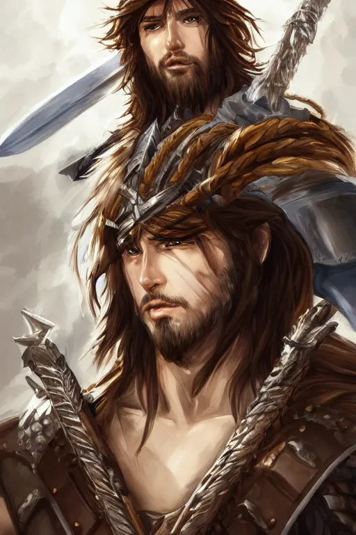 Image similar to A realistic anime portrait of a young handsome male barbarian with long wild hair, intricate fantasy spear, plated armor, D&D, dungeons and dragons, tabletop role playing game, rpg, jrpg, digital painting, by Ayami Kojima, digtial painting, trending on ArtStation, SFW version