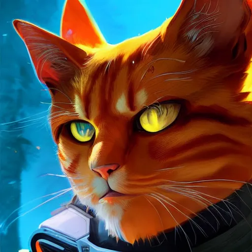 Image similar to ginger cat as overwatch character, digital illustration portrait design, by android jones and greg rutkowski, retrowave color scheme, detailed, cinematic lighting, wide angle action dynamic portrait
