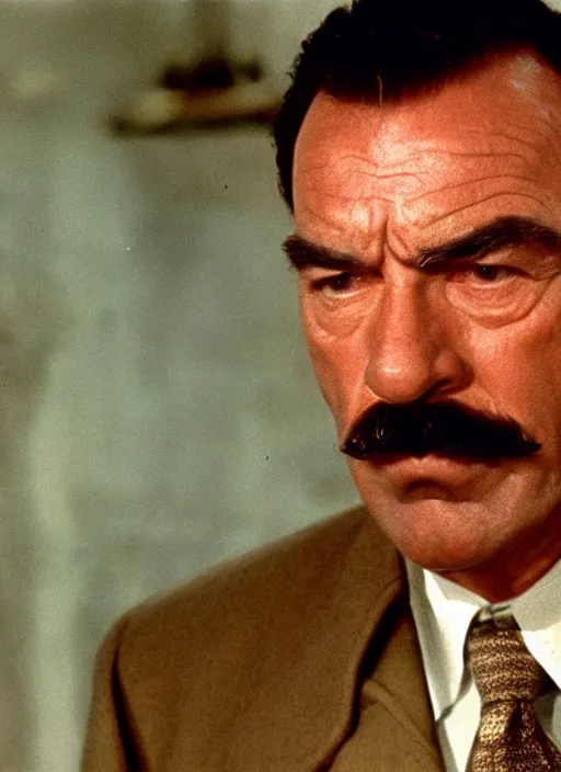 Image similar to film still of tom selleck as oskar schindler in schindler's list, 4 k