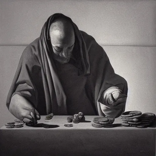 Image similar to A beautiful performance art. Let’s see how long the rich can eat their money for aureolin by Johannes Vermeer, by Eric Zener desaturated