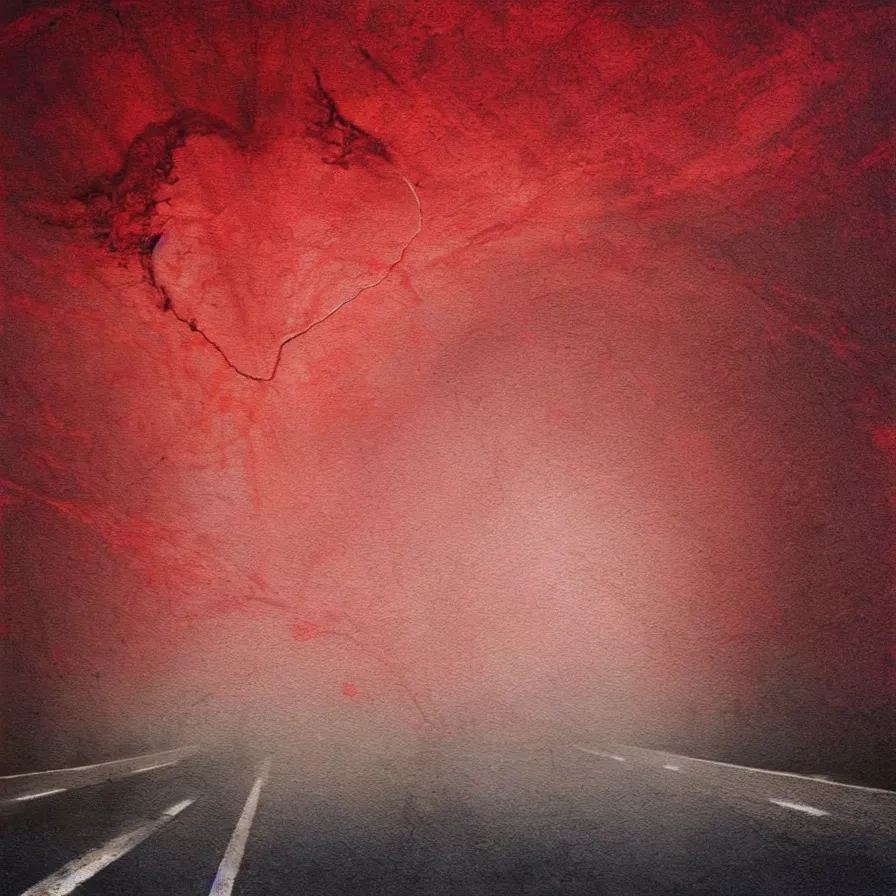 Prompt: atmospheric original artwork of a highway road that is a blood artery leading to the heart's core, which is like the sun.