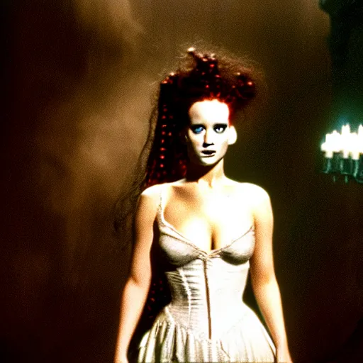 Image similar to jennifer lawrence as the bride of frankenstein, color photography, sharp detail, still from the movie van helsing