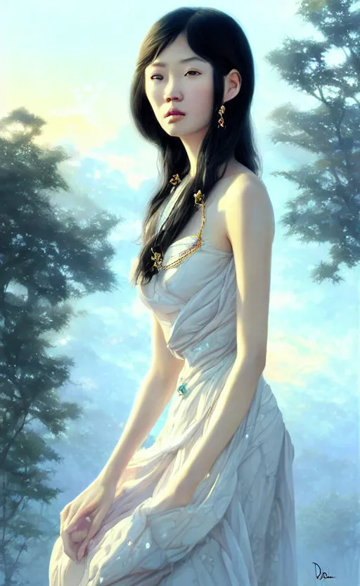 Image similar to a beautiful young charming asian goddess with sundress + jewelry + shinny eyes | | winter, symmetric, realistic shaded, unpleasant face, good looking, fine details, dior, lv, realistic shaded lighting poster by greg rutkowski, macoto takahashi, magali villeneuve, artgerm, jeremy lipkin and michael garmash