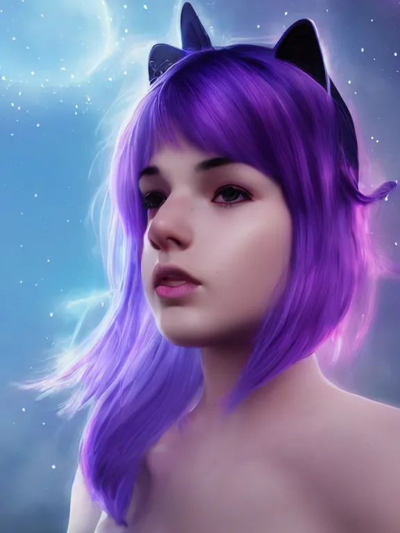 Image similar to A young adult with purple hair and cat ears floating on a cloud ultra realistic , lens flare, atmosphere, glow, detailed, intricate, full of colour, cinematic lighting, trending on artstation, 4k, hyperrealistic, focused, extreme details, unreal engine 5, cinematic, masterpiece