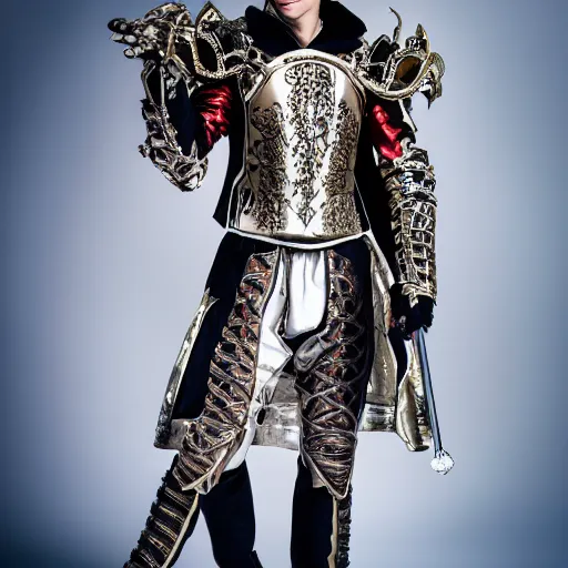 Prompt: Austin Butler dressed in futuristic-baroque duelist-garb and battle armor, standing in an arena, XF IQ4, f/1.4, ISO 200, 1/160s, 8K, RAW, unedited, symmetrical balance, face in-frame