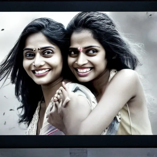 Image similar to unbelievably beautiful, perfect, dynamic, epic, cinematic 8K HD movie shot of two semi-close-up Indian women beautiful expressing joy and posing together. By oscar winning director. Motion, VFX, Inspirational arthouse, high budget, hollywood style, at Behance, at Netflix, with Instagram filters, Photoshop, Adobe Lightroom, Adobe After Effects, taken with polaroid kodak portra