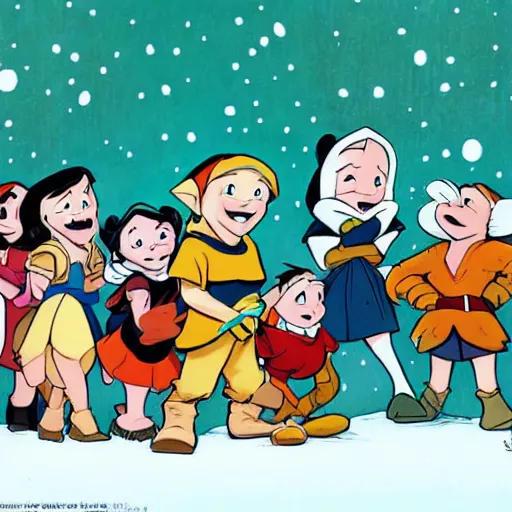 Image similar to snow white and the seven dwarfs, artwork by skottie young