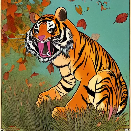 Image similar to a highly detailed cartoon tiger waving a leaf fan, autumn leaves on the ground, concise lines, ultradetailed environment, sharp focus, cinematic lighting, by alphonse maria mucha and kim jung gi