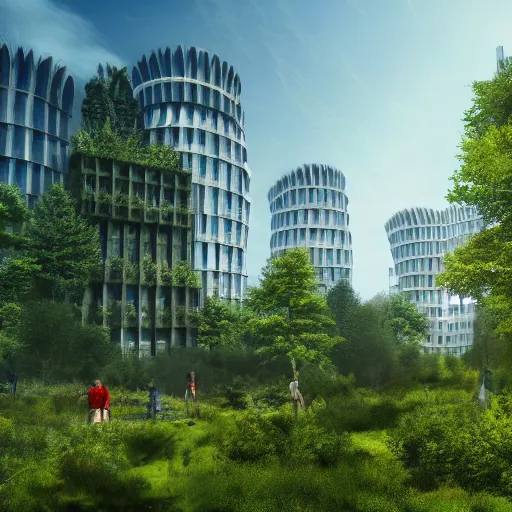 Prompt: an architecture concept art of a forest building, vegetal walls, parcs in the front, city in the background, blue sky, 4 k, high quality, artstation