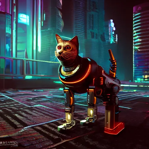 Prompt: cyberpunk style robotic cat, high detail, digital art, concept art,octane render,unreal render 4k