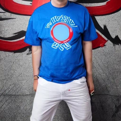 Image similar to a full body shot of an average white, short young - adult man with blue dyed hair, wearing a red backwards cap, white t - shirt with a red no symbol on it, blue long pants and red shoes, holding a microphone, photoshoot, grey background