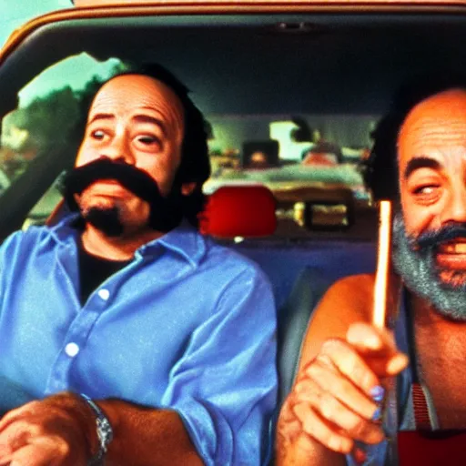 Prompt: cheech and chong smoking in a car, realistic, 4 k,