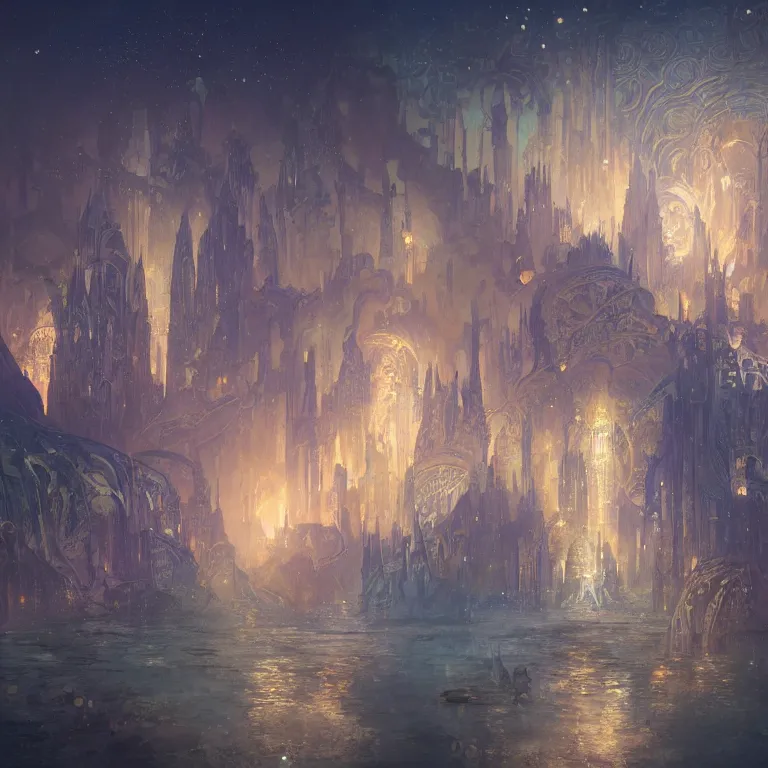 Image similar to a beautiful painting of the towers, domes, and pinnacles of the city of atlantis, underwater with glowing lights, fish and jellyfish, with the night sky with stars above, intricate, elegant, highly detailed, digital painting, artstation, concept art, by krenz cushart and artem demura and alphonse mucha