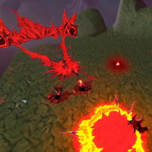 Image similar to TzKal-Zuk at the Inferno, old school runescape, lava river, magma, large shield of magma, obsidian pillars