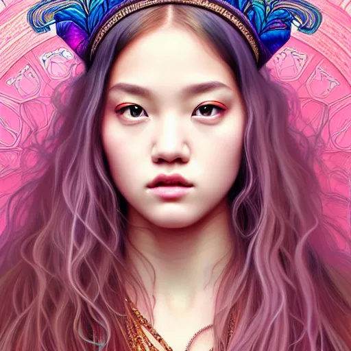 Image similar to portrait of jossi of blackpink, fractal goddess, highly detailed, digital painting, smooth, sharp focus, illustration, ultra realistic, 8 k, art by artgerm and alphonse mucha