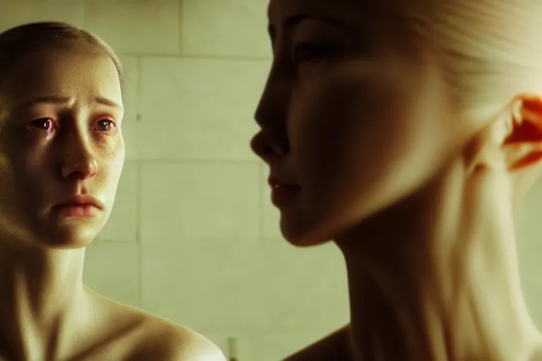 Image similar to an ultra realistic, cinematic, close up portrait, of a young woman, looking in mirror at older self, fire, dramatic, soft light, dreamy, facial features, stood in a cell, with prison clothing, detailed, deep focus, movie still, dramatic lighting, ray tracing, by michal karcz and yoshitaka