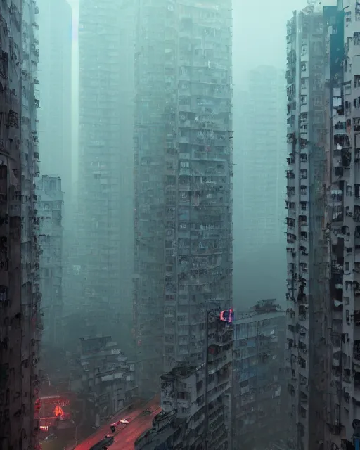 Image similar to poor buildings, hong kong buildings, kowloon, slums, night, cyberpunk, fog, rain, dramatic lighting, depressing, dystopia, trending on Artstation, 8k, highly realistic, hyper detailed, unreal engine 5, IMAX quality, realistic, cinematic, epic lighting, realistic, Matte Painting, masterpiece,