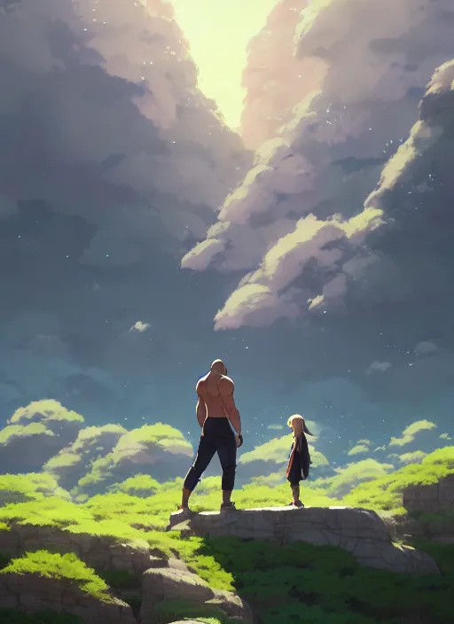 Image similar to portrait of dwayne rock johnson, cloudy sky background lush landscape illustration concept art anime key visual trending pixiv fanbox by wlop and greg rutkowski and makoto shinkai and studio ghibli