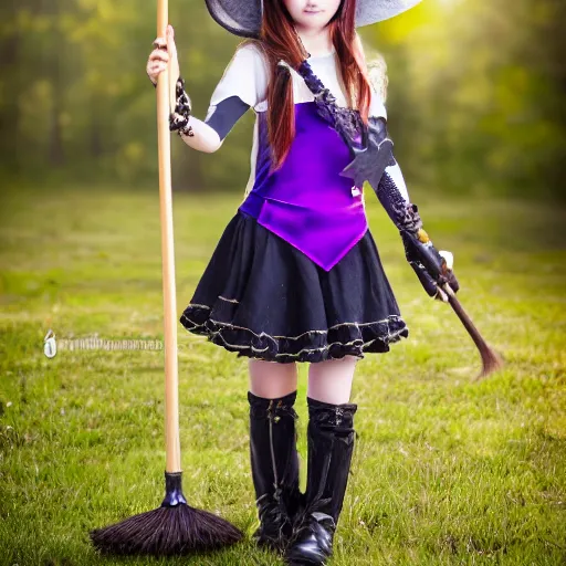 Image similar to young witch with magic wand and broom cosplay, she wears boots, full body, photo taken by nikon, 4k, high quality, very detailed, intricant