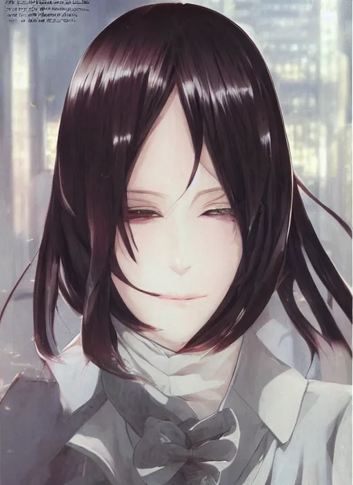 Image similar to luxury advertisement, medium close-up of a manga girl with a white trenchcoat by krenz cushart, Sasoura, Satchely and Akihiko Yoshida, black medium length Dutch bob cut hair with straight bangs, poster