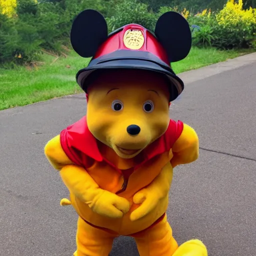 Prompt: winnie the pooh dressed as fireman