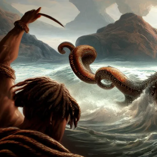 Image similar to epic painting of Moses parting the sea. a giant kraken is lurking on the sea floor, epic, concept Art, detailed, 4K