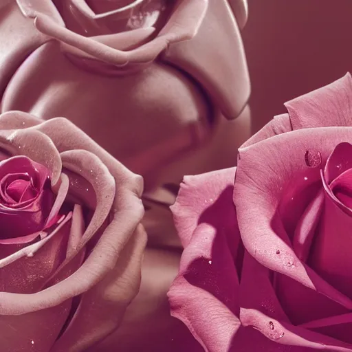 Image similar to perfume bottle buried in artistic, luscious dark pink roses, soft femme, romantic simple path traced, environment, up close shot