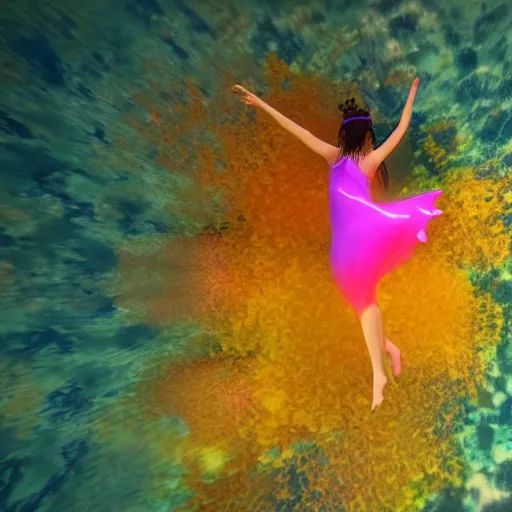 Prompt: woman dancing underwater wearing a flowing dress made of blue, magenta, and yellow seaweed, amazing corals around her, swirling silver fish, unreal engine, caustics lighting from above, cinematic