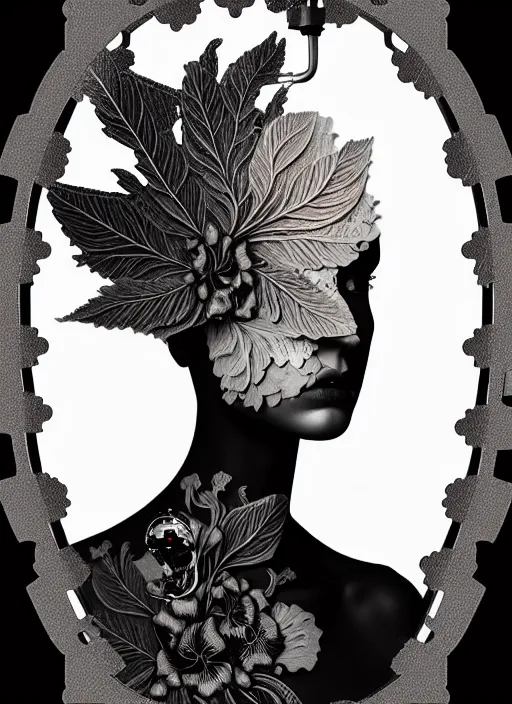 Image similar to monochrome profile portrait painting, dutch masters, silver lace floral steampunk biomechanical beautiful one techno eye young female cyborg, big monocular, volumetric light, leaves foliage and stems, hibiscus flowers, alexander mcqueen, rim light, big gothic fashion pearl embroidered collar, 8 k