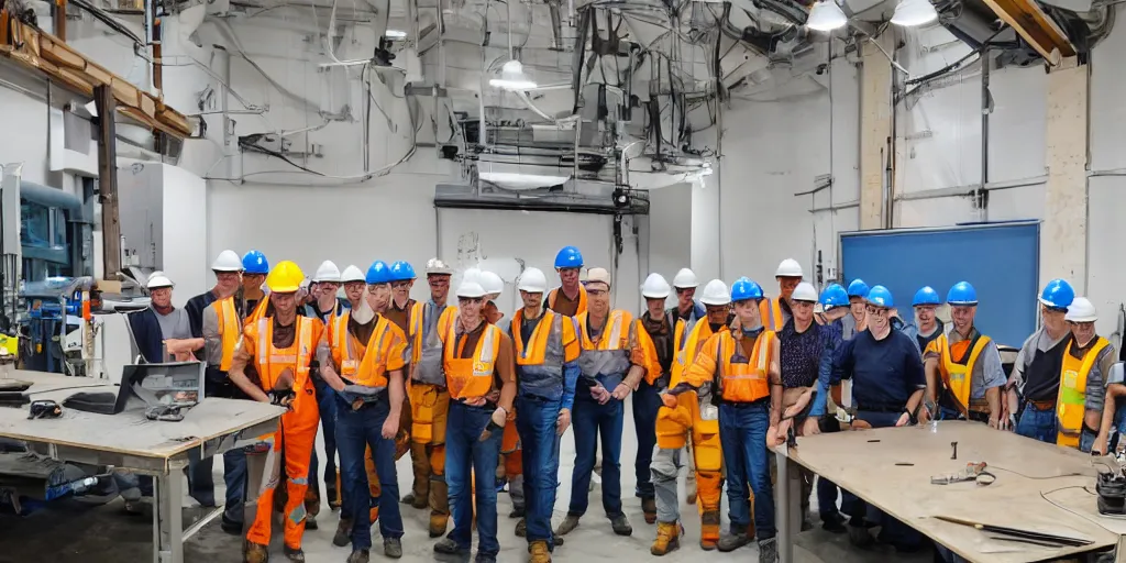 Prompt: workshop safety committee inspection, official photo, realistic, wearing hard hats, wearing safety glasses, 4k