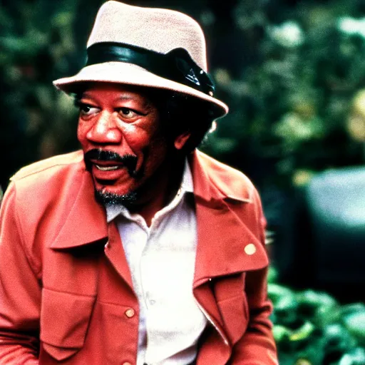 Image similar to a 1970s film still of Morgan Freeman dressed as a funk singer, 40mm lens, shallow depth of field, split lighting