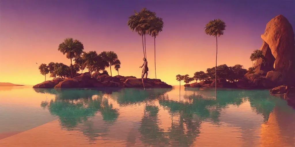 Image similar to artgem and Beeple masterpiece, hyperrealistic surrealism, sunset, award winning masterpiece with incredible details, epic stunning, infinity pool, a surreal liminal space, highly detailed, trending on ArtStation, calming, meditative, pink arches, palm trees, surreal, sharp details, dreamscape, giant gold head statue ruins, crystal clear water
