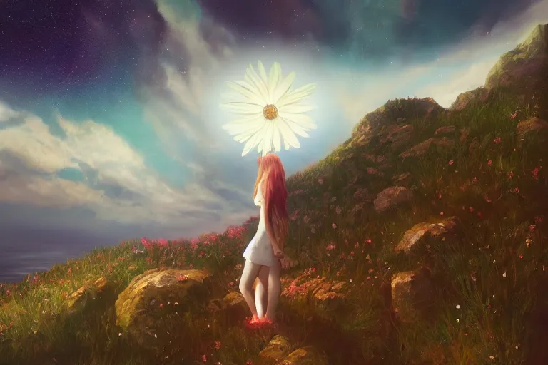 Prompt: giant white daisy flower over head, girl standing on rocky cliff, surreal photography, super nova, milky way, dramatic light, impressionist painting, colorful clouds, digital painting, artstation, simon stalenhag