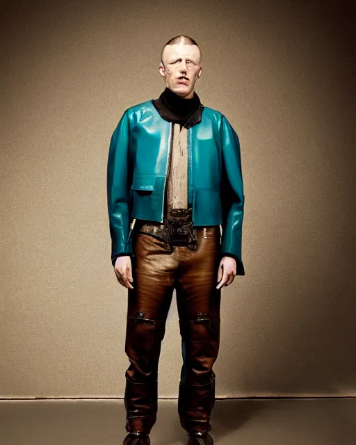 Prompt: an award - winning photo of an ancient male model wearing a plain cropped baggy teal distressed medieval designer menswear leather flight jacket designed by alexander mcqueen, 4 k, studio lighting, wide angle lens, 2 0 0 4