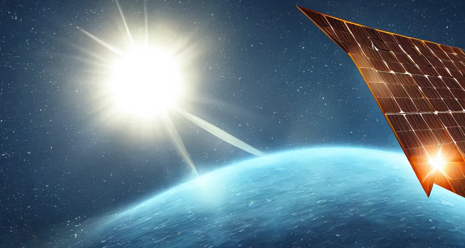 Image similar to solar sail, floating in space between the sun and earth, cartoon illustration